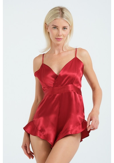 Laperissa Kadın Kırmızı Saten Tulum Fırfır Ve Lastik Detaylı, Askılı, Şık Ev Giyim Ve Gece Stili