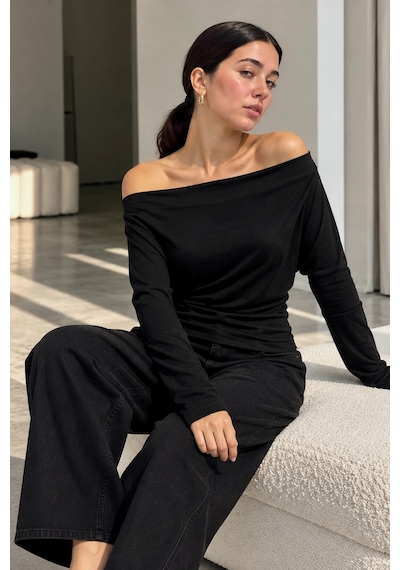 Bb Butik Basic Kadın Madonna Yaka Dökümlü Modal Uzun Kollu Bluz My3535 siyah