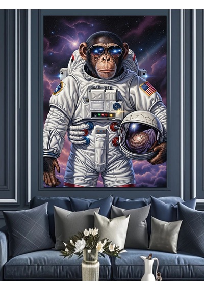 Astronot Kıyafetli Maymun Resmi Dekoratif Kanvas - Mdf Ahşap Tablo