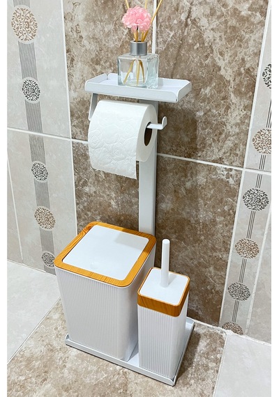 6 Parça Banyo Seti Çöp Kovası, Wc Fırça, Tuvalet Kağıtlık, Diş Fırçalık, Sıvı Sabunluk, Sabunluk Beyaz - Kahverengi