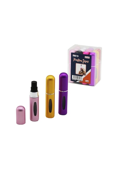 12 Adet Mini Cep - Çanta Boy Boş Sprey Parfüm Şişesi 5ml Renkli Pls. Seviye Pencereli Bx40