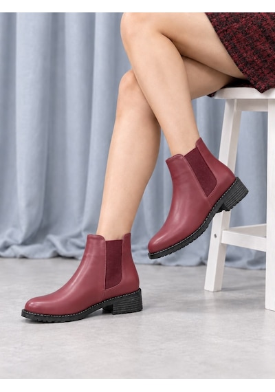 Dabab Shoes Maral Kadın Bordo Cilt Yuvarlak Burun Lastik Detaylı 3 Cm Topuklu Kaymaz Taban Chelsea Bot Bootie