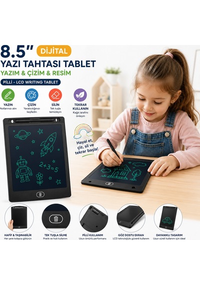 8.5 İnç Dijital Lcd Yazı Tahtası - Pilli Yazım Ve Çizim Tableti Çok Renkli