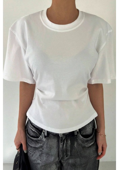 Kadın Beyaz Kısa Kollu Sırt Dekolteli Slim Fit Bluz/t-shirt Beyaz
