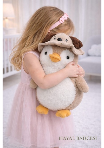 Şapkalı Penguen Peluş Pembe 35 Cm Kahverengi