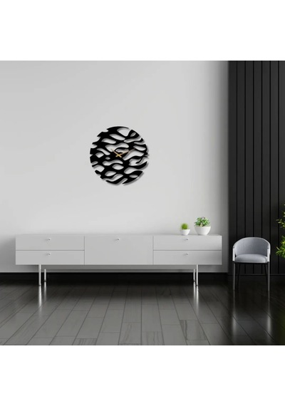 Metal Duvar Saati Dalga Detaylı Dekoratif Saat Siyah-46 X 46