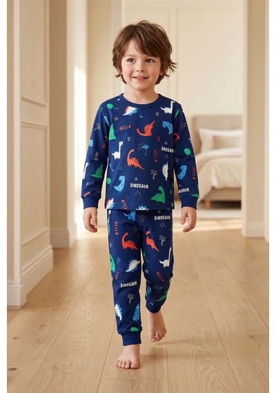 Zuzunga Hello Dino Desenli Uzun Kollu Erkek Çocuk İnterlok Pijama Takımı Lacivert