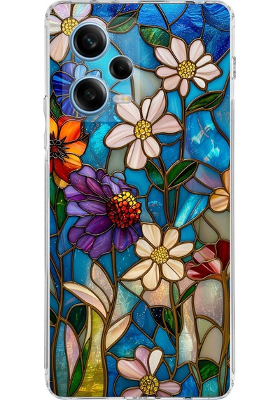 Printify Redmi Note 12 Pro 5g İle Uyumlu Vitray Mavi Bahar Tasarımlı Şeffaf Silikon Kılıf Şeffaf