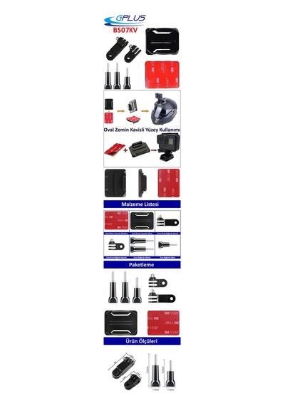 Gplus Bs07kv 7 Parça Oval Zemin Kavisli Yüzey Vidalı 3 Yollu Aksiyon Kamera Uyumlu 3m Yapışkan Motor Kask Bağlantı Seti Siyah