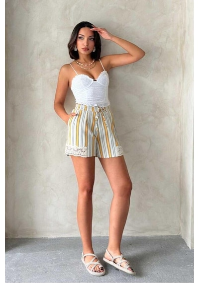 Verymoda Paça Dantelli Çizgili Şort I Vmd2393 HARDAL