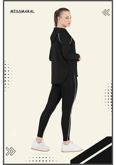 Kadın Eşofman Takım Siyah Üst Tunik & Siyah Regular Fit Lycralı Tayt Dalgıç Kumaş Aktif Spor 3060 Siyah Beyaz Şeritli