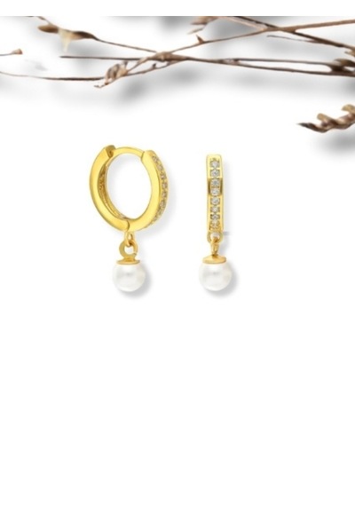 925 Ayar Gümüş Zirkon Taşlı İncili Halka Küpe Gold Renk