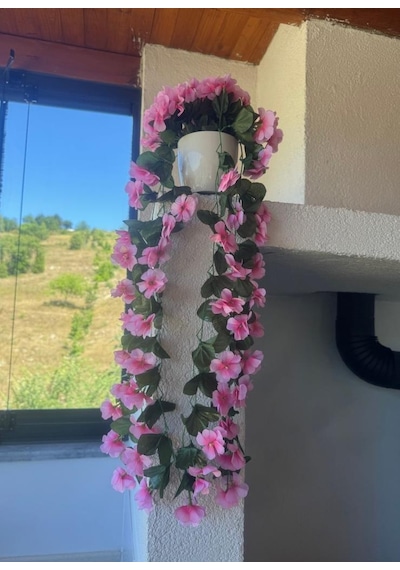 Yapay Çiçek Sarkan Pembe Menekşe Krem Rengi Saksıda 4 Sarkan Dallı 70cm