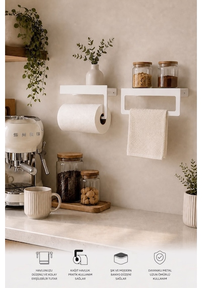 Beyaz Duvara Monte Havluluk & Peçetelik Modern&dayanıklı 2'li Set Beyaz