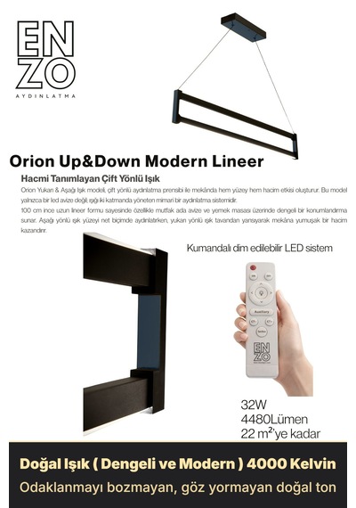Orion Füme Lineer Led Sarkıt Avize Kumandalı Dim Edilebilir Yukarı & Aşağı Işık Doğal Işık