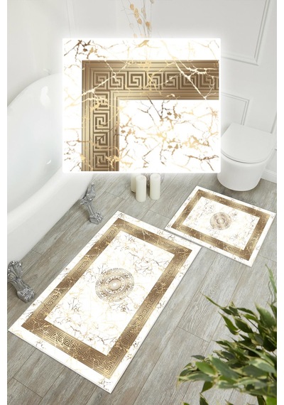 Dijital Baskı Mermer Desen Kaymaz Taban 2li Set Banyo Paspası Klozet Takımı 50x60cm-60x100cm Gold