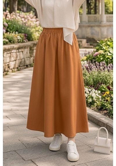 Bestenur Cepli Beli Lastikli Poplin Etek 1727 - Taba