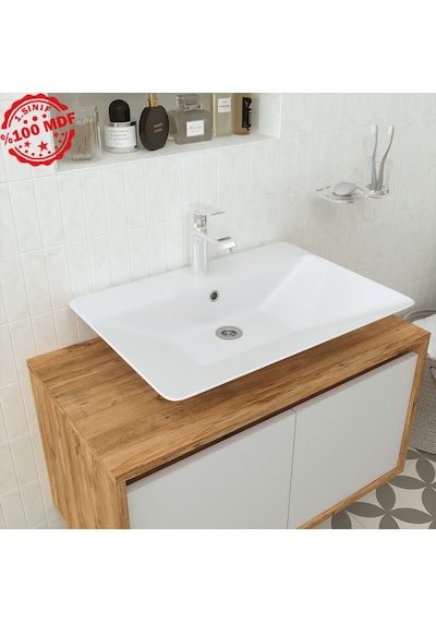 Banos Roomart Ayaksız 2 Kapaklı Lavabolu Ahşap-Mat Beyaz Mdf 85 . Beyaz
