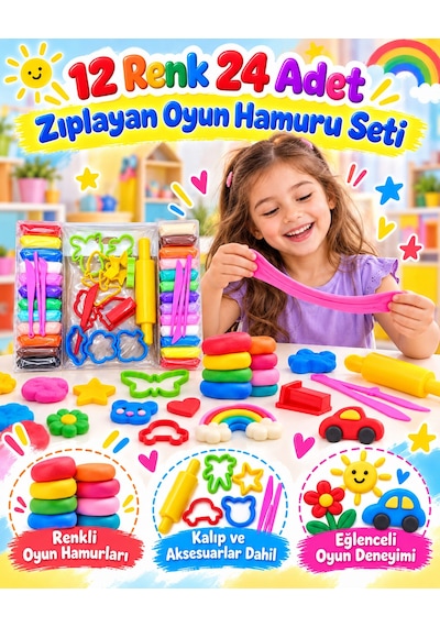 Oyuncak 12 Renk 24 Adet Zıplayan Havayla Kuruyan Yumuşak Kil Hamuru Kalıp Aksesuar Oyun Hamur Seti 38 Parça Çok  Renkli