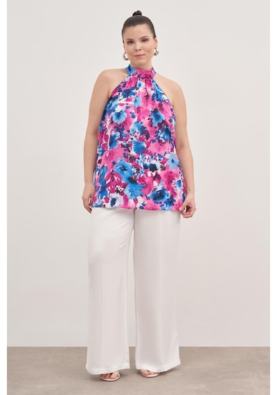 Myline Halter Yakalı Desenli Bluz-1802 Pembe
