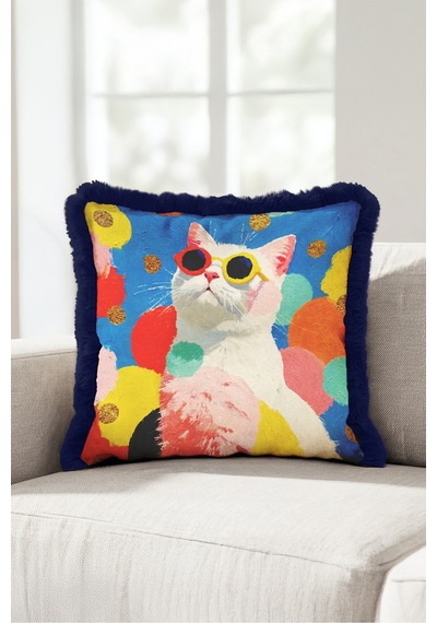 Renkli Kedi Figürlü Pop Art Saçaklı Yastık Kılıfı - Eğlenceli Pembe Lacivert Püsküllü Kırlent Kılıfı Serin Lagün Lime