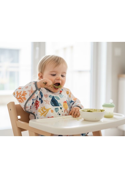 Yorni 2-5 Yaş Sea Sıvı Geçirmez, Cepli, Makinede Yıkanabilir, Uzun Kollu Bebek Önlüğü Beyaz