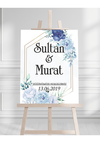 Söz Nişan Düğün İçin 50x70 Karşılama Panosu - Mavi Çiçek Tasarımlı 003 Beyaz