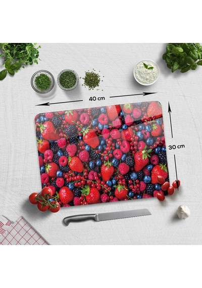 Mor Kırmızı Meyveler Cam Kesme Tahtası 30cm X 40cm Diğer