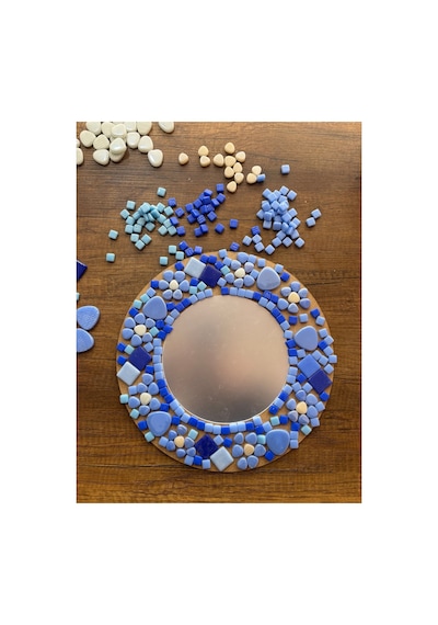 30x20cm Yuvarlak Pleksi Aynalı Yetişkin Mozaik Set Başlangıç Seviye Mavi Tonlar