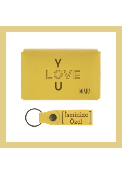 Miaju Sarı Renk, I Love You Temalı, İsme Özel Cüzdan Ve Anahtarlık Takım, Ekip Arkadaşına Hediye Sarı