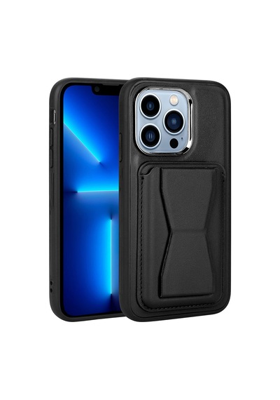 Zore İphone 12 Pro Max Uyumlu Kartlıklı Standlı Pu Deri Nvth Memo Kılıf-siyah