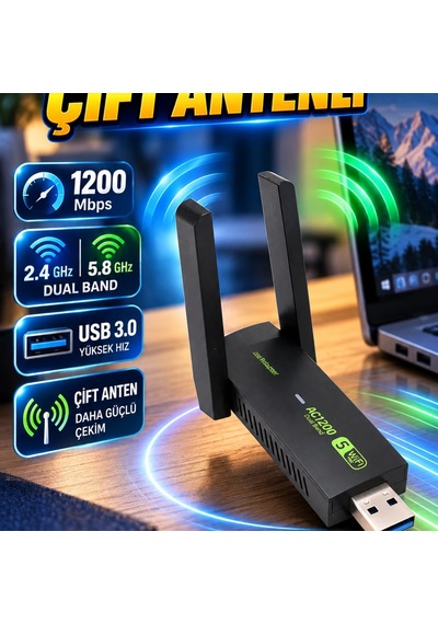 1200 Mbps Dual Band Usb Wifi Adaptör Çift Anten, Usb 3.0, 2.4 Ghz Ve 5.8 Ghz