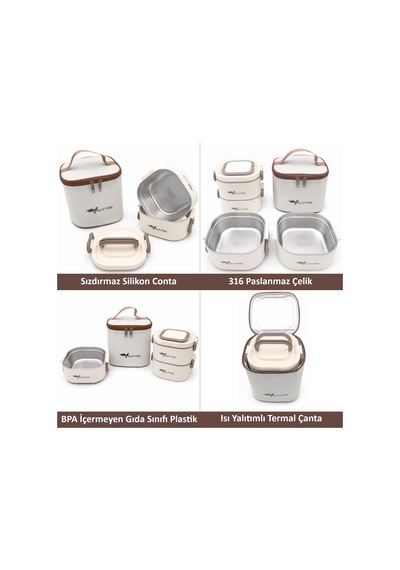 Valkyrie 1300 Ml 2 Katlı Paslanmaz Çelik Yemek Kabı Termal Taşıma Çantalı, Sızdırmaz, Bpa İçermez Krem