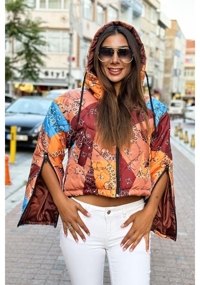 Keyifli Moda Kadın Kahverengi Desenli Kapüşonlu Kolları Fermuarlı Kısa Şişme Mont - S-m Kahverengi