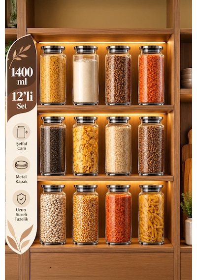 Porsima 4401 Bormio Metal Kapaklı 12li Cam Kavanoz Seti Vakum Kapaklı Saklama Düzenleme Kabı Seti 1400ml Şeffaf