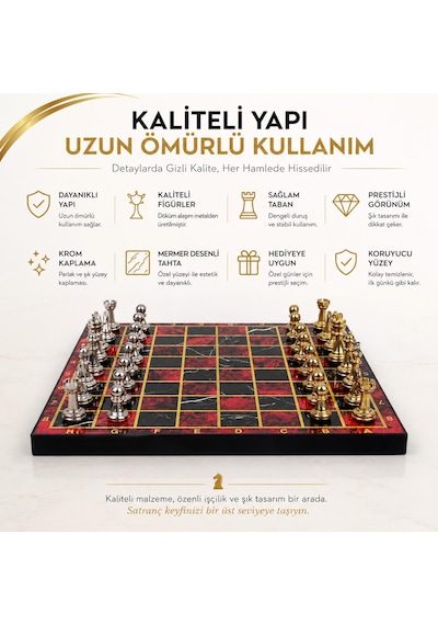 Lüks Metal Satranç Takımı Krom Figürlü 20x20 Cm Kırmızı Tahta Dekoratif Koleksiyon Hediye Seti Özel