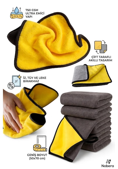 Nobera Profesyonel Oto Kurulama Bezi 750 Gsm Çift Taraflı Süper Emici Mikrofiber Bez 50x70 Cm Araç Cam Toz Temizlik Bezi