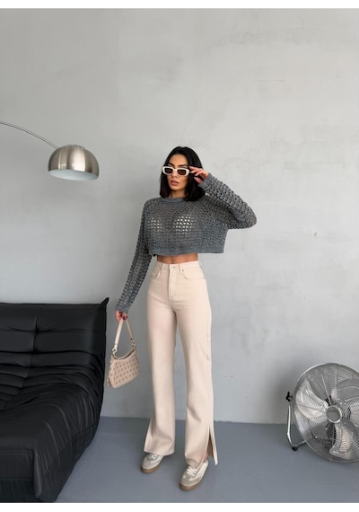 Bej Denım Kumaş Yırtmaç Detaylı Wide-leg Pantolon Bej