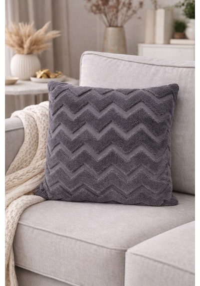 Peluş Dekoratif Kırlent Kılıfı İskandinav Zigzag-balıksırtı 4 Lü Set 42x42 Cm Antrasit Füme