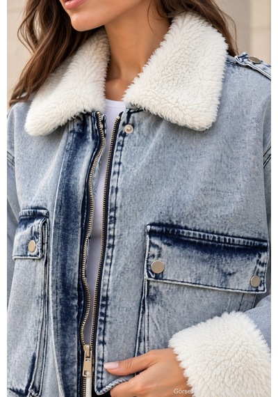 Polo State Kadın Peluş Detaylı Cepli Yıkamalı Jean Ceket mavi