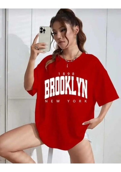 Kozia Outdoors Malkoçbey Broklıyn Baskılı Oversize Unisex Basic O Yaka T-shirt Kirmizi