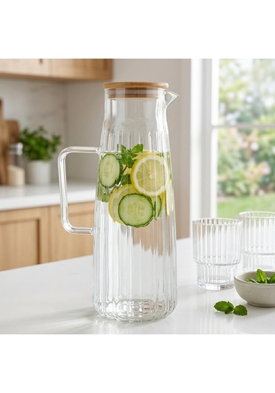 Bambu Kapaklı Borosilikat Cam Yağdanlık Ve Sürahi 1000ml 11x26cm Çok Amaçlı İçecek Ve Sıvı Gıda Saklama Çok Renkli