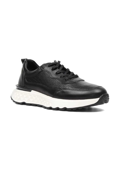 Erkek Siyah Bağcıklı Kalın Tabanlı Kroko Deri Sneaker
