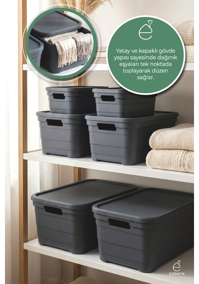 6 Parça Kapaklı Saklama Kutusu Seti Organizer Dolap İçi Düzenleyici Kutu 2x2.8lt 2x8.2lt 2x10.8 Lt Renkli