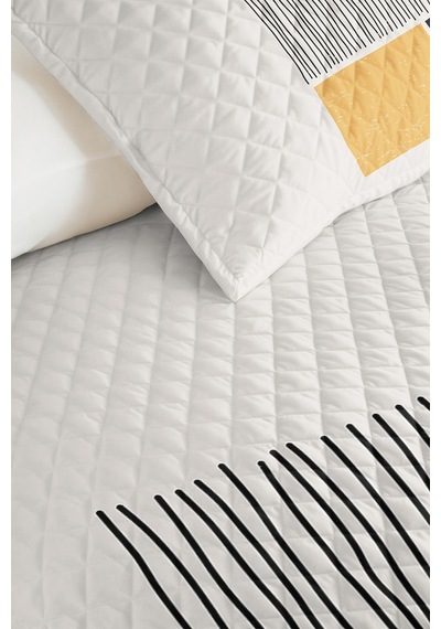 Geometrik Çizgili Sarı Genç Odası Tek Kişilik Pike Takımı - Siyah 160x220 Cm Kapitone Yatak Örtüsü Keten Köy Anısı