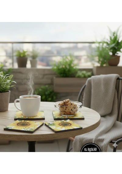10x10 Traverten Eskitme 4 Lü Takım El Yapımı Çiçek Desenli Bardak Altlığı Sarı