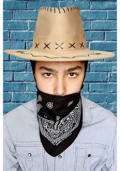 Uniquetrenders Çocuk Unisex Bandanalı Nubuk Kovboy Şapkası 8-14 Yaş Koyu Bej 3