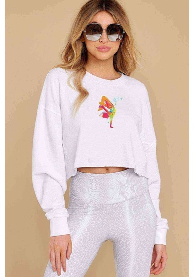 Watercolor Break Dance Baskılı Crop Kadın Beyaz Sweatshirt