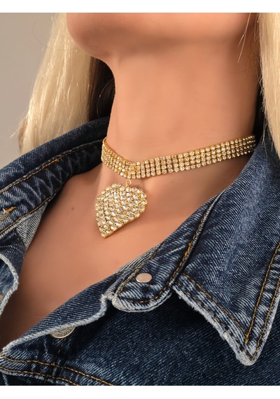 Sallantılı Kalp Model Rhinestone Choker Tasma Model Gold Renk Kolye Gold Çok Renkli