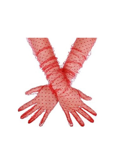 Uzun - 955 - Boy Kırmızı Puantiyeli Kırmızı Renk Yetişkin Tül Eldiven - Edntrend - 55 Cm